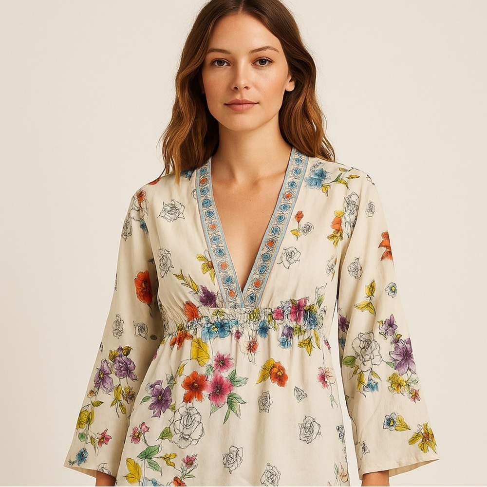Johnny Was Silk Embroidered Floral Blouse Size Small